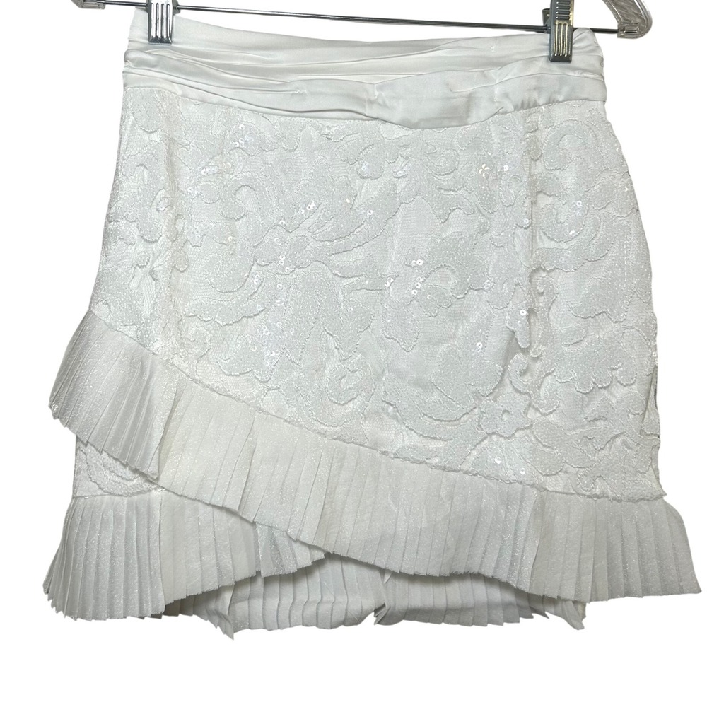 Naked Wardrobe White Sequin Lace Mini Skirt Ruched Satin Waist Pleated  S nwot